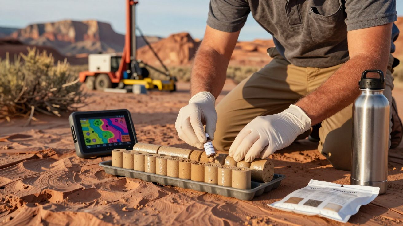 Geologist kneeling in desert, analyzing soil samples with a tablet and drill rig in the background.
