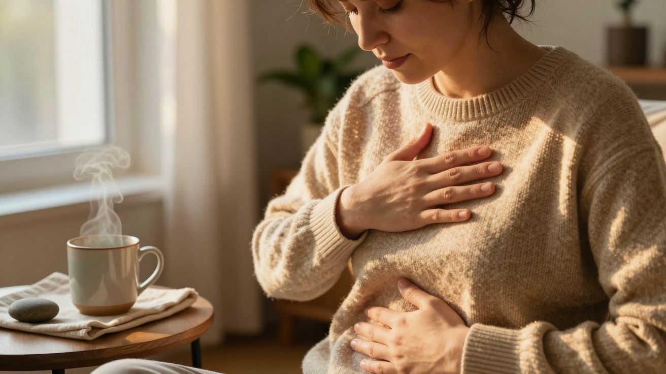 Pregnant woman in a cozy sweater sitting by a window, hands on chest and belly, with a steaming cup nearby.