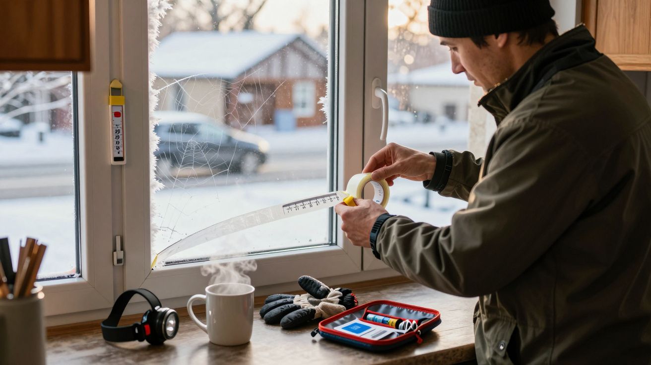 Person measuring a window with tape in a winter setting, next to tools and a steaming mug on the sill.