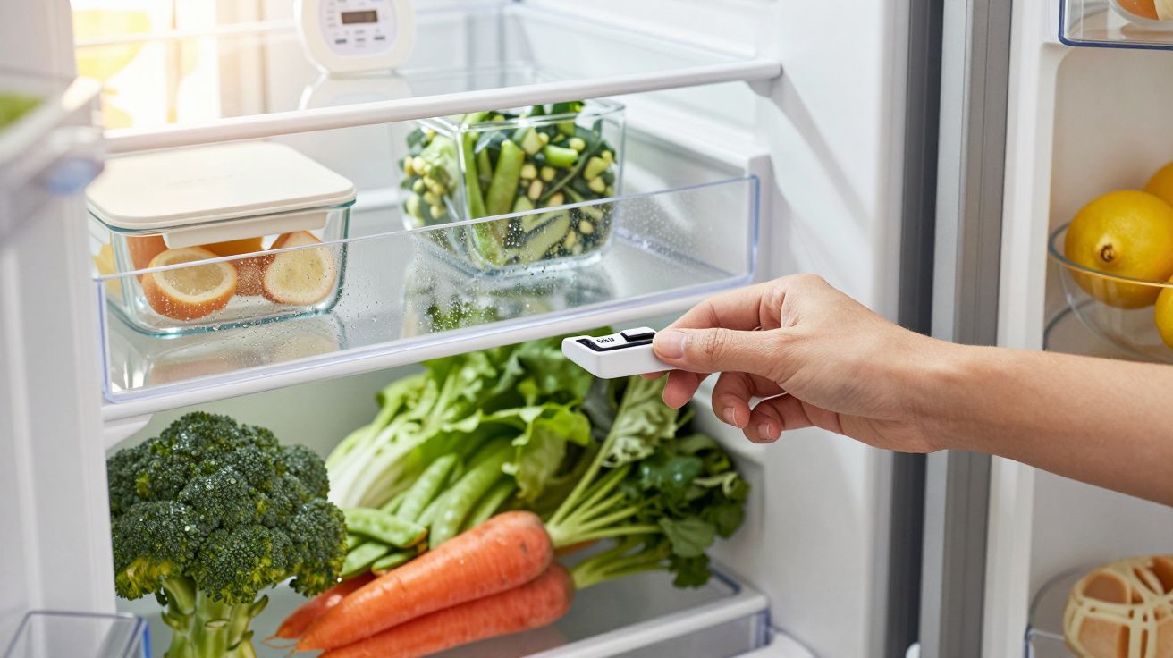 Hand placing a small digital device in a refrigerator with fresh carrots, broccoli, lemons, and containers of produce.