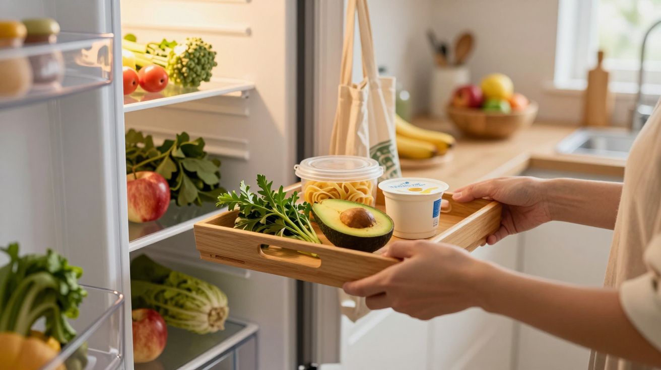 Person placing a tray with avocado, yogurt, and herbs into a refrigerator full of fruits and vegetables in a kitchen.