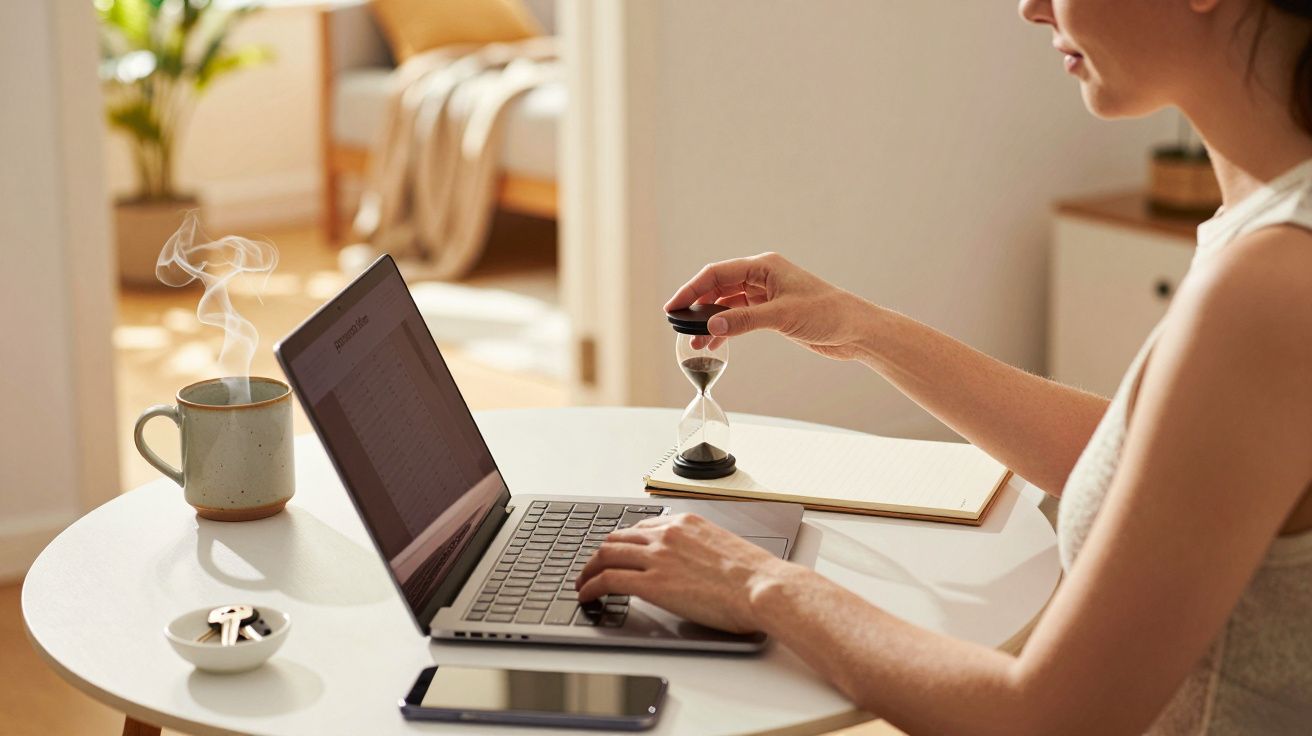 Woman working on a laptop at a table with a coffee mug and hourglass.