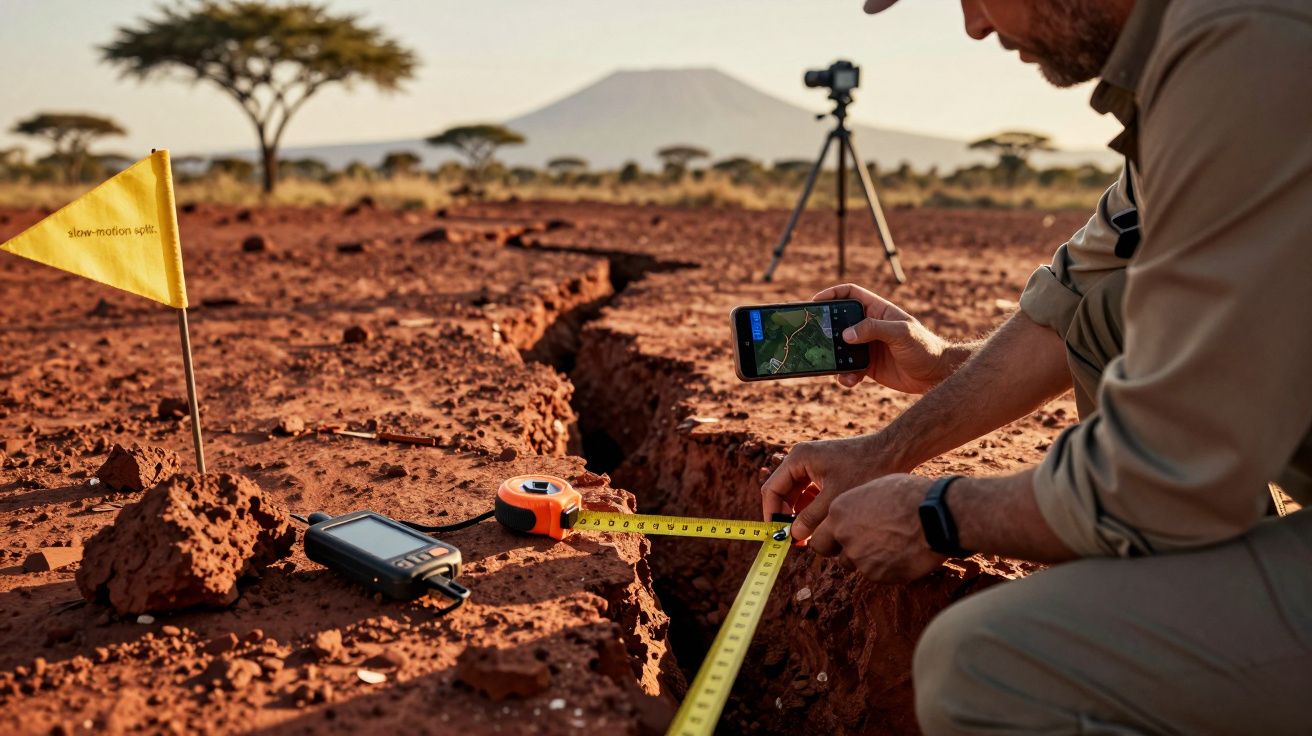 Person measuring a large ground crack in a dry landscape with a tape measure, GPS device, and smartphone in hand.