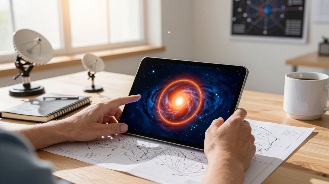 Person using a tablet displaying a galaxy image, with star charts on the desk and small satellite models nearby.