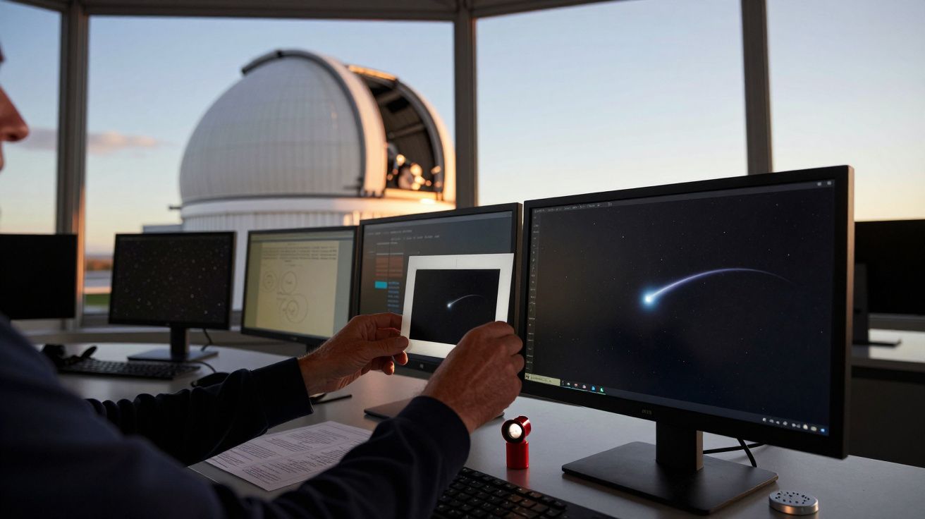 Person observing comet image on multiple monitors in observatory with dome in the background.