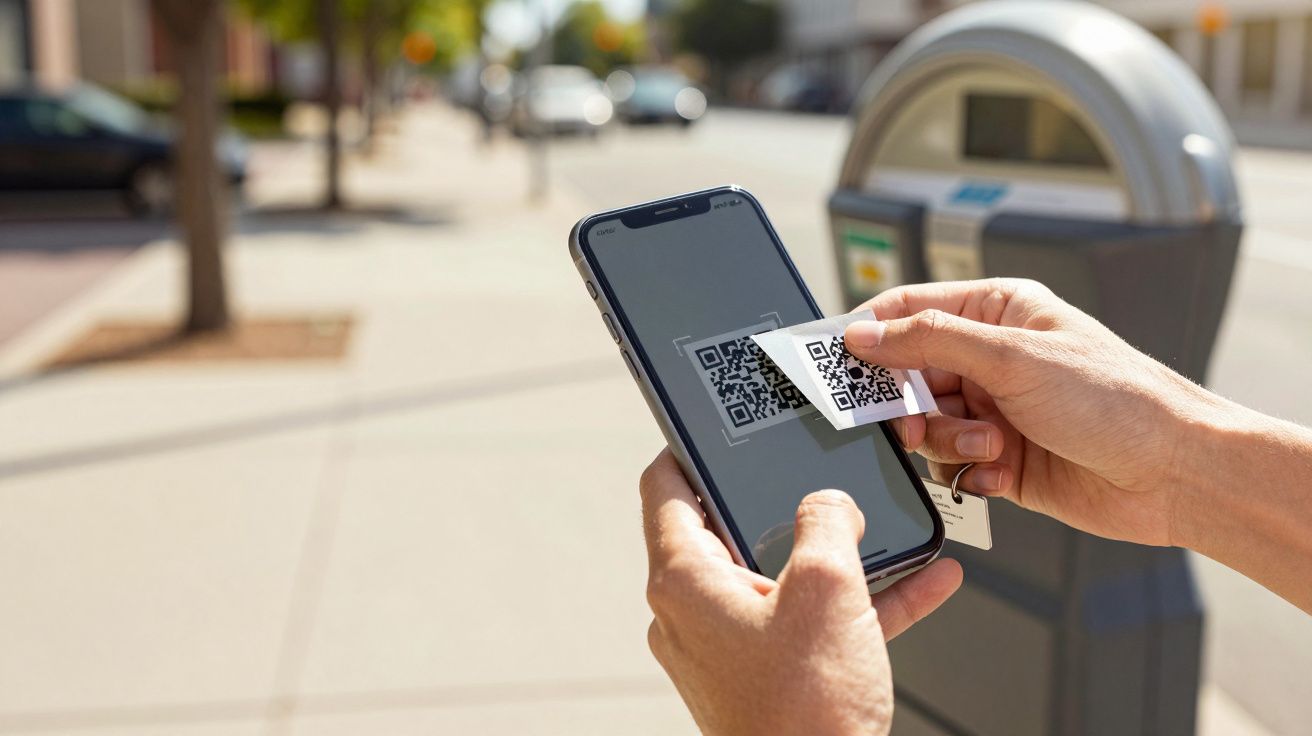 Person scanning QR code with smartphone near a parking meter on a sunny street.
