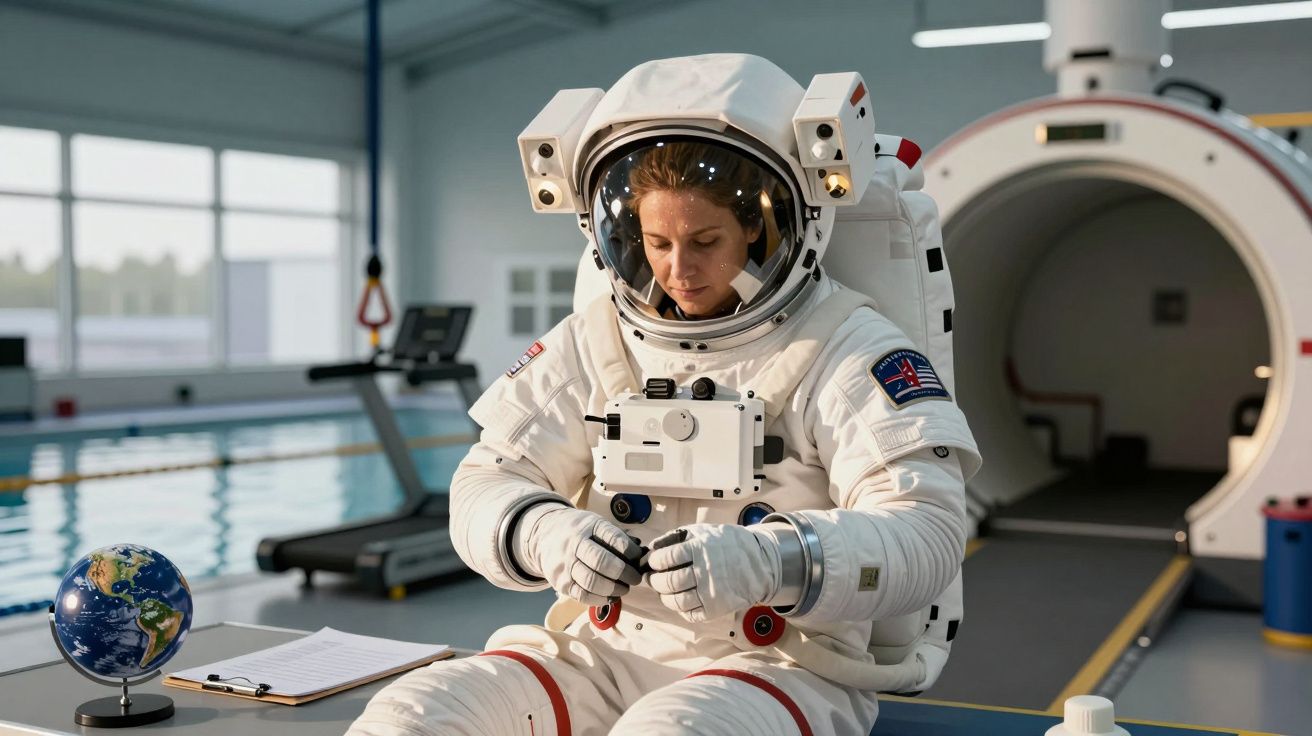 Astronaut in a training facility adjusts suit controls near a pool with a mini globe and clipboard on the table.