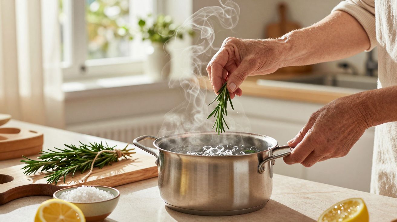 Person adding fresh rosemary to a steaming pot of water in a sunlit kitchen.