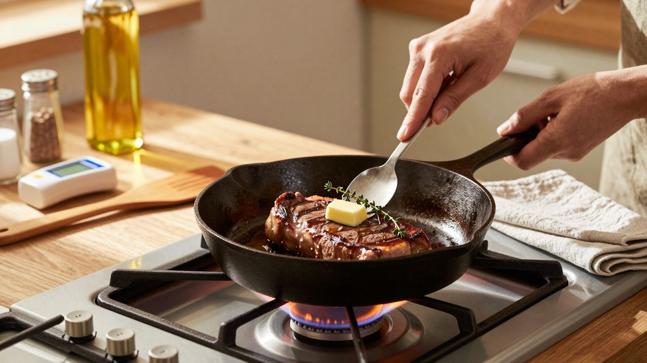 Person adding butter to steak in skillet on stove, surrounded by kitchen items.