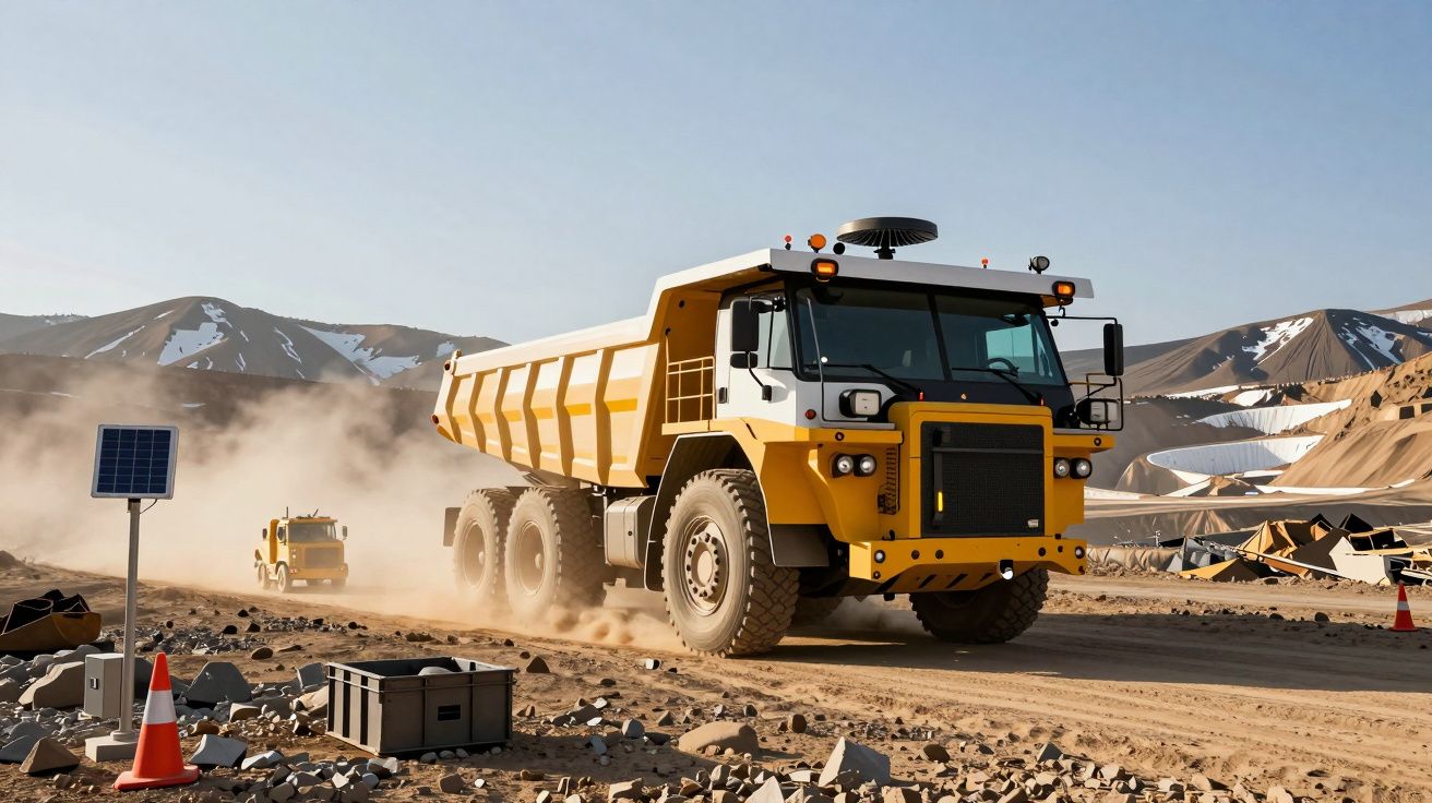 Yellow dump truck driving on a dusty road at a construction site with mountains in the background.