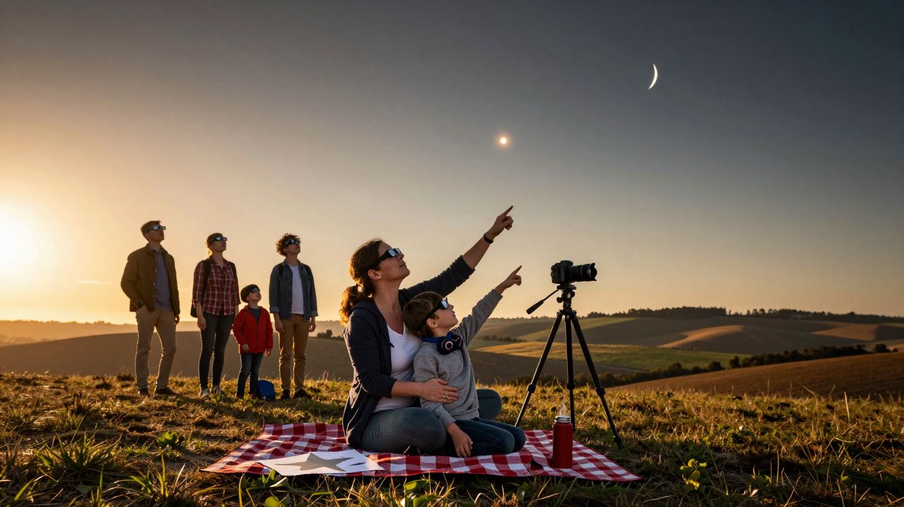 Family on a hilltop watching a solar eclipse with glasses and camera, sunny countryside background.