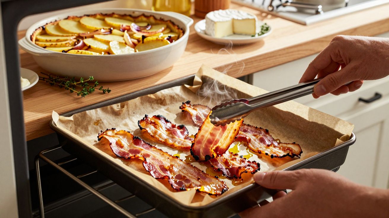 Person removing crispy bacon from a baking sheet with tongs in a kitchen.