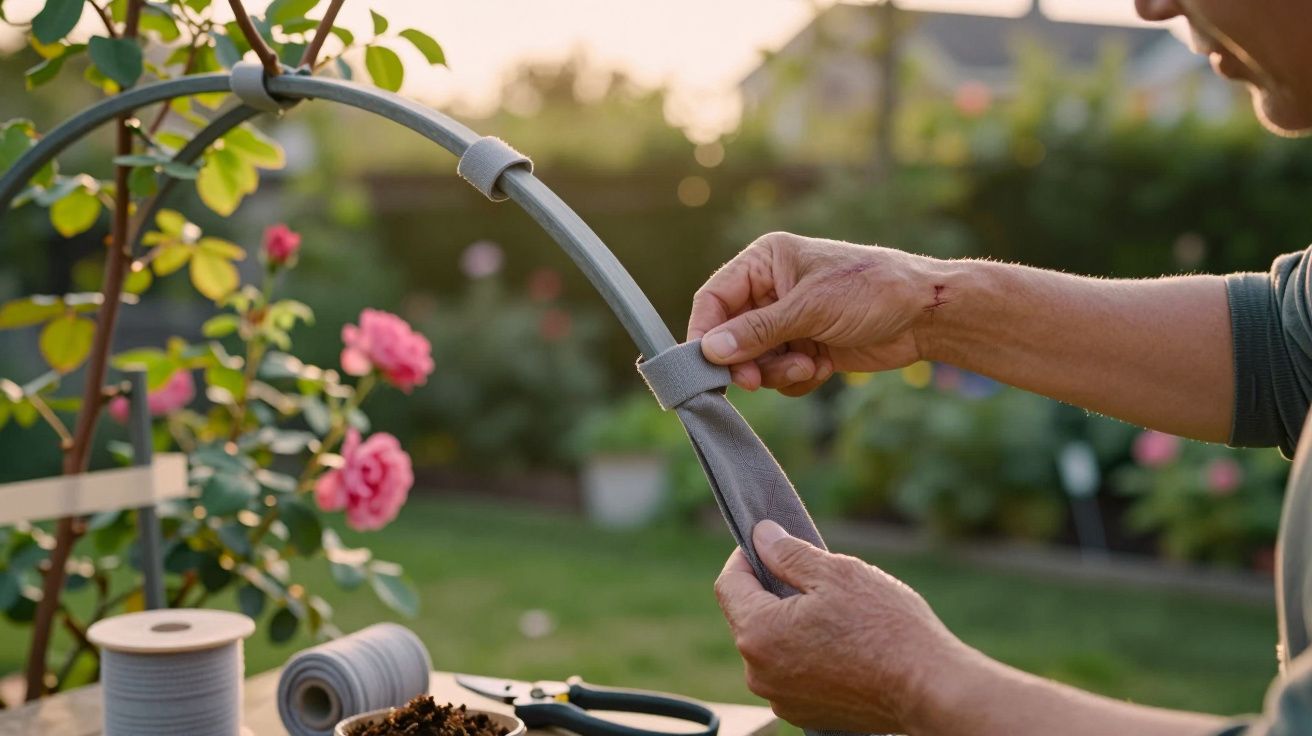 Hands tying a gray strap on a garden arch near pink roses with tools and twine on the table.