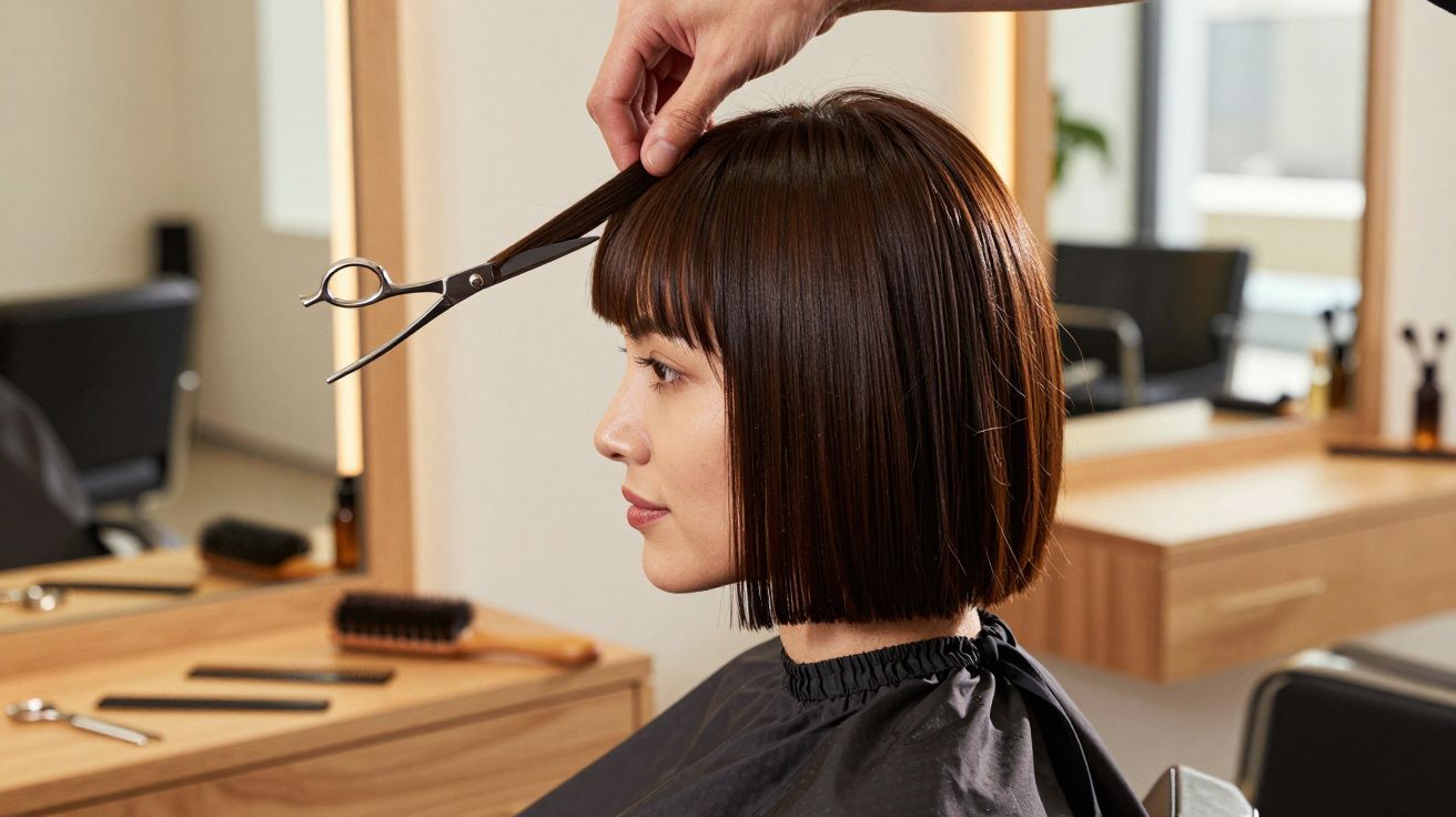 Woman with bob haircut getting a trim in a salon, stylist's hand holding scissors.