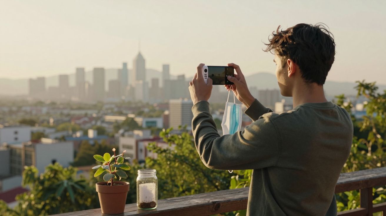 Man photographing a city skyline at sunset with a phone, next to a small potted plant and jar on a wooden railing.