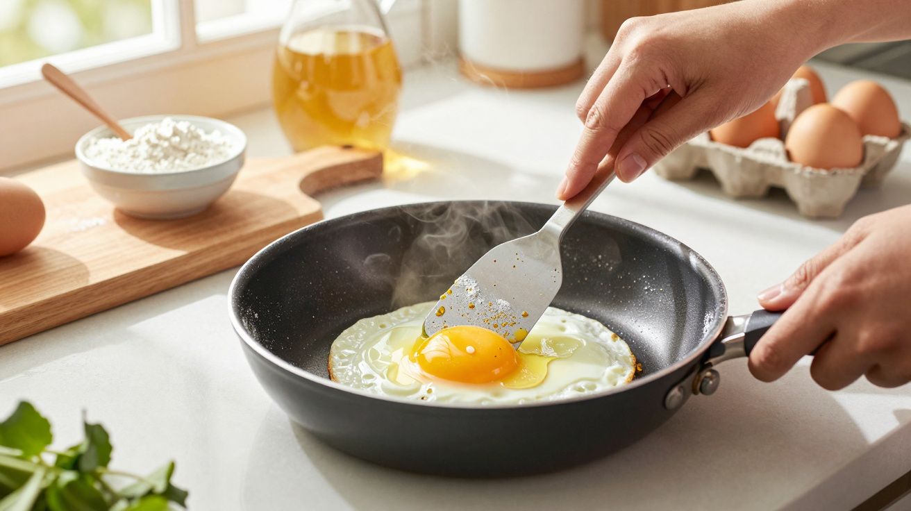 Person cooking a sunny side up egg in a frying pan on a kitchen counter with ingredients in the background.