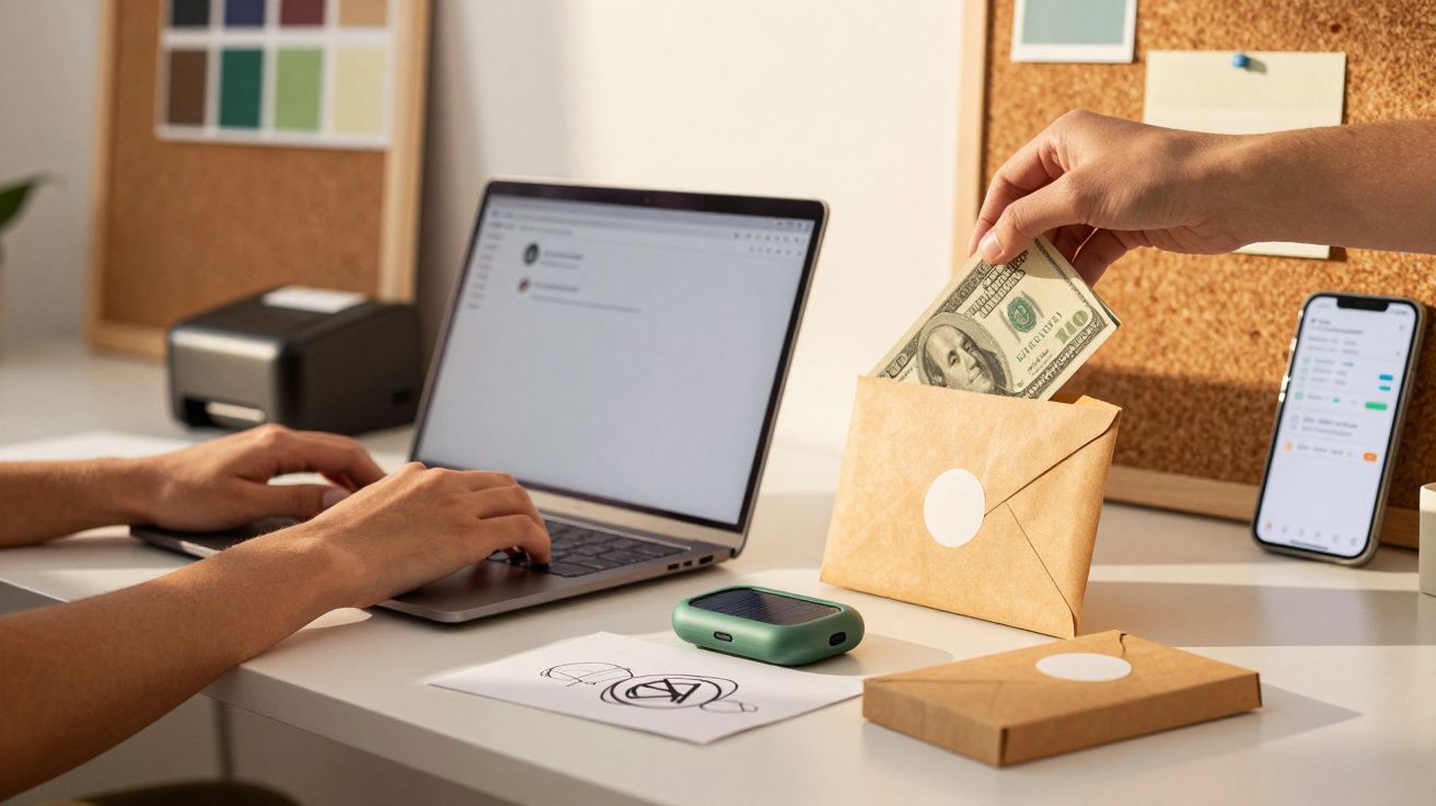 Person typing on a laptop at a desk while another hand places cash in an envelope.