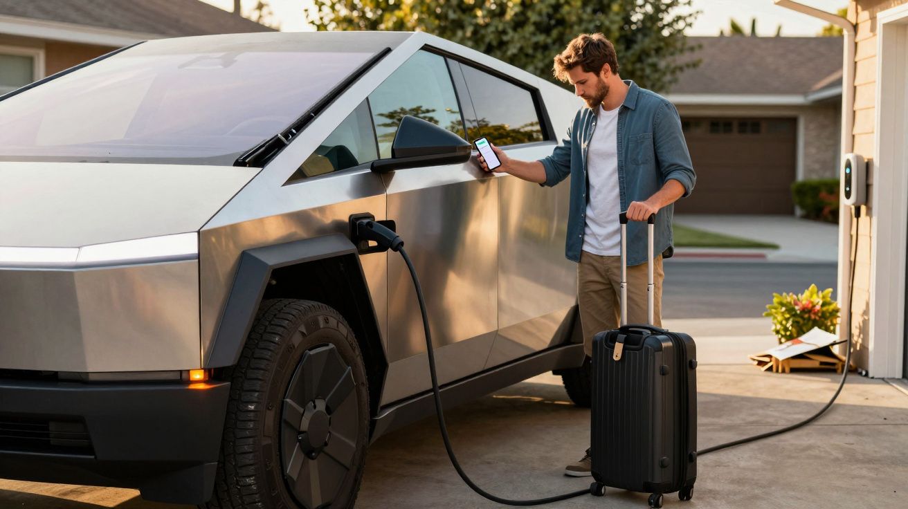 Man charging electric truck at home, holding phone and suitcase.
