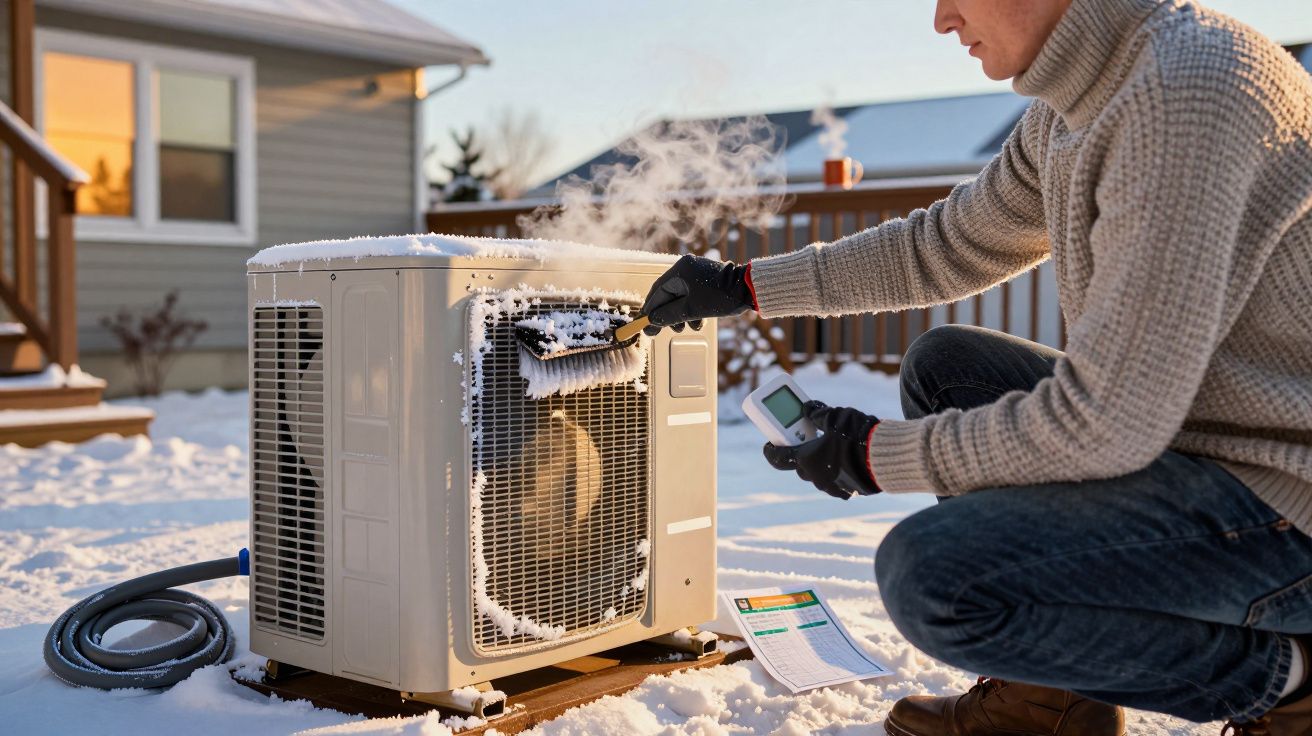 Man checking outdoor HVAC unit covered in snow, holding a thermometer.