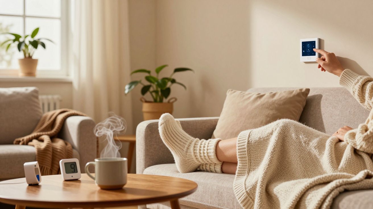 Person in cozy attire adjusts wall thermostat in a sunlit living room with a steaming mug on the table.