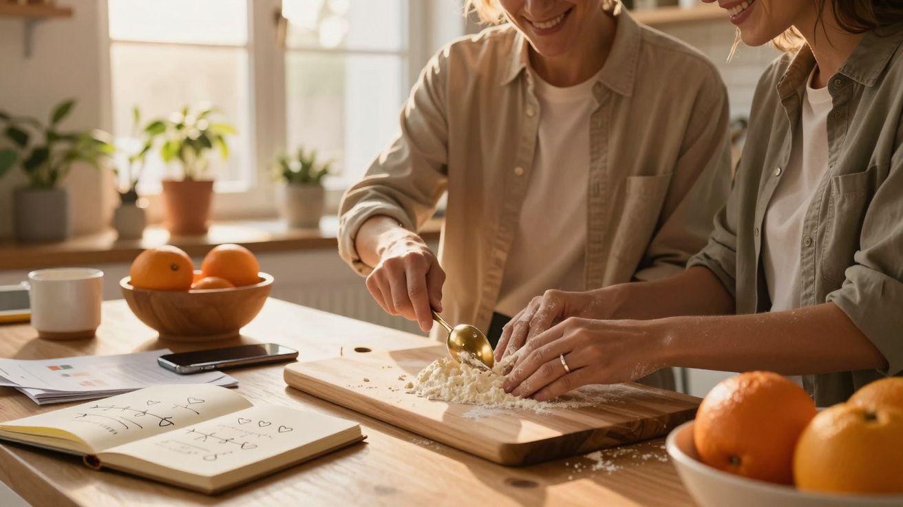 Two people happily baking with flour on a wooden board, surrounded by oranges, books, and a smartphone in a sunlit kitchen.