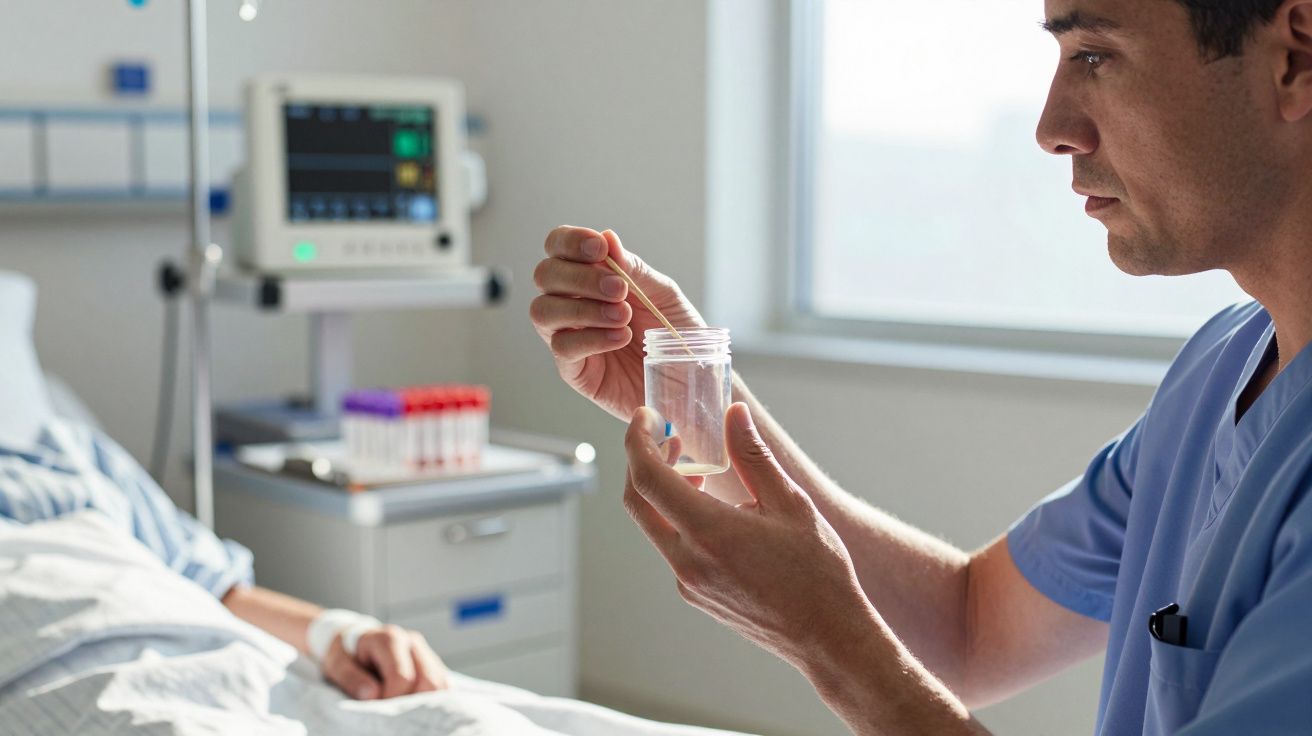 Doctor in blue scrubs holding a specimen container beside a patient in a hospital bed, medical equipment in the background.