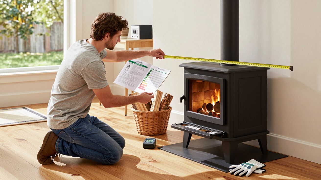 Man measuring around lit wood stove, holding papers, basket with logs nearby.