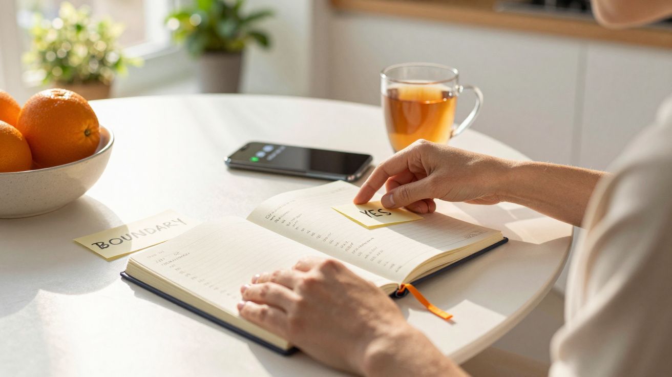 Person placing a sticky note in a notebook on a table with a phone, oranges, and a cup of tea nearby.