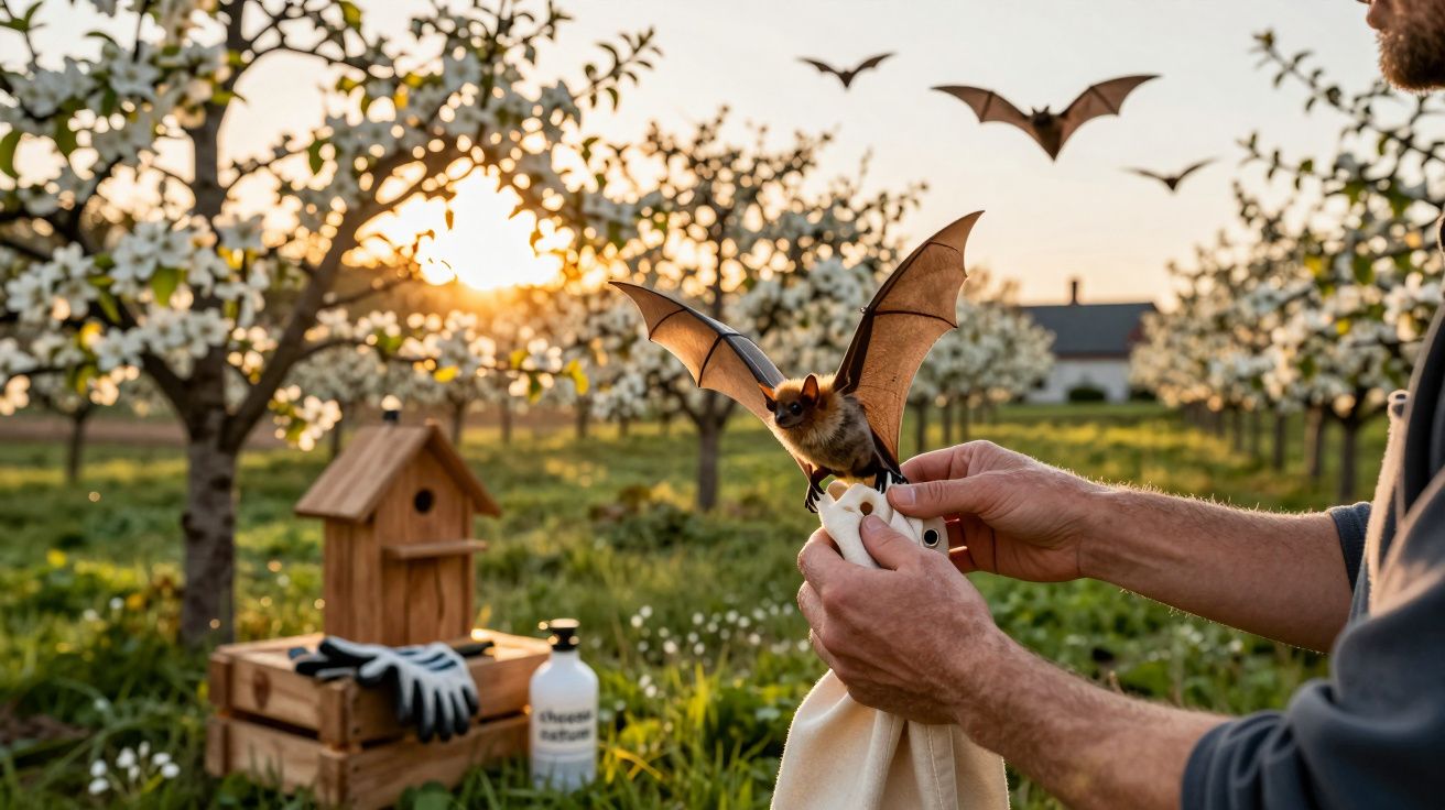 Person releasing a bat in an orchard at sunset, with other bats flying, a wooden bat box, and gloves nearby.