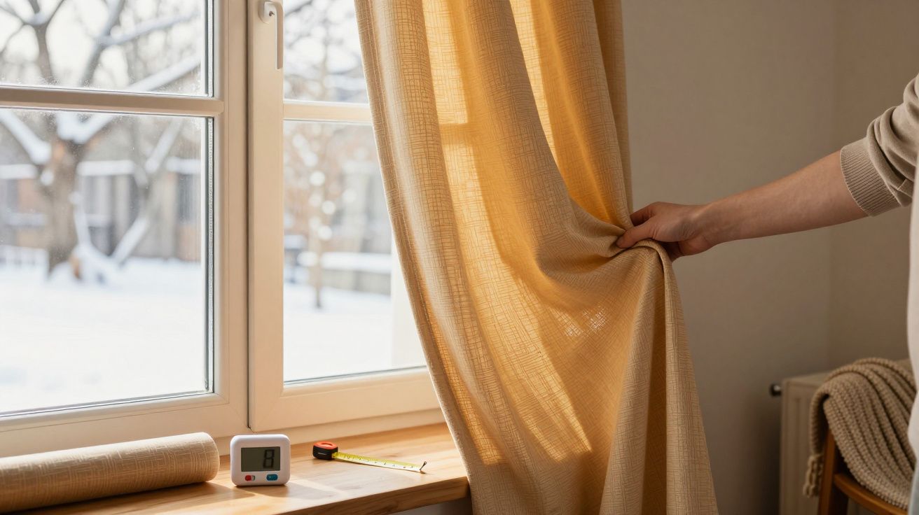 Person closing yellow curtain, measuring tape on windowsill, snowy view outside.