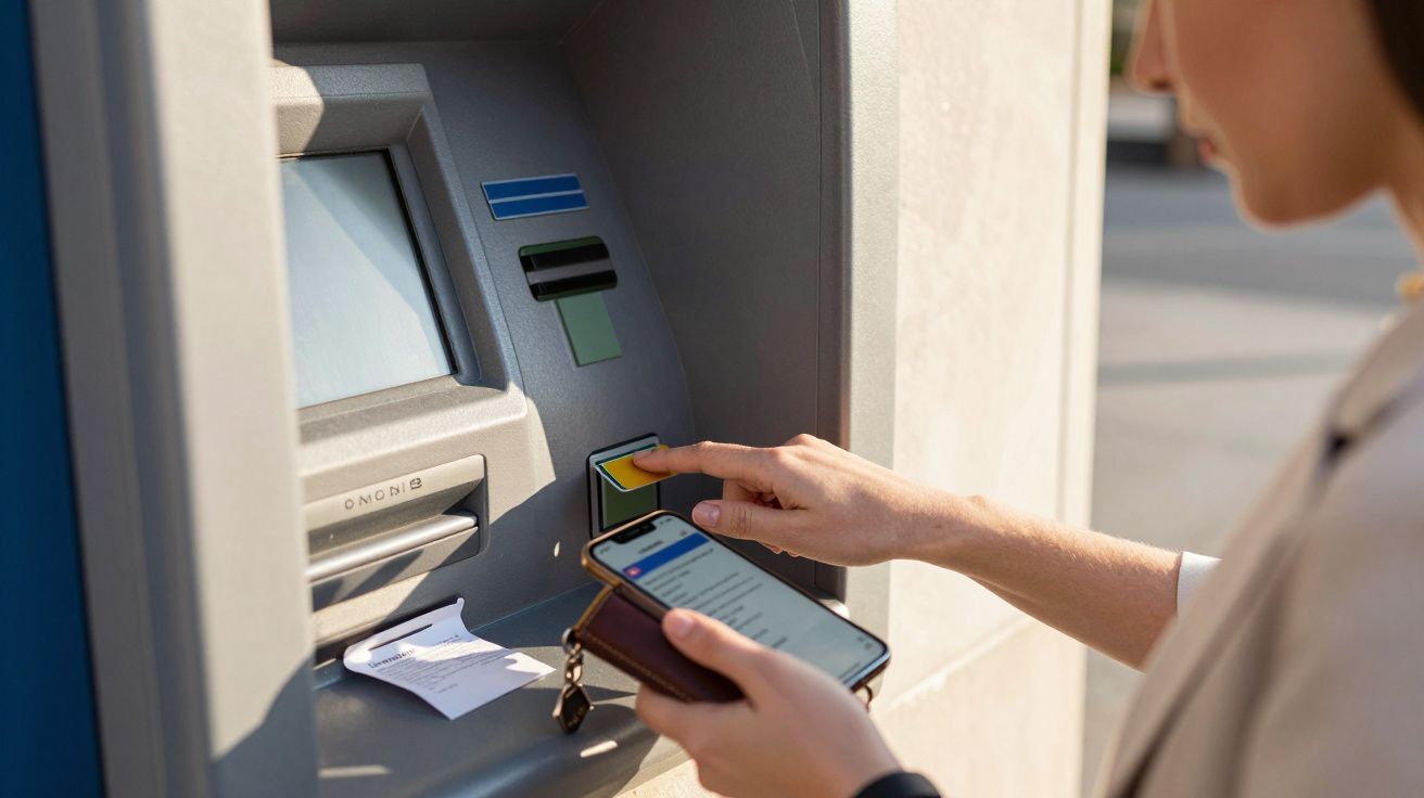 Person using an ATM while holding a smartphone with a digital banking app open, withdrawing printed receipt.