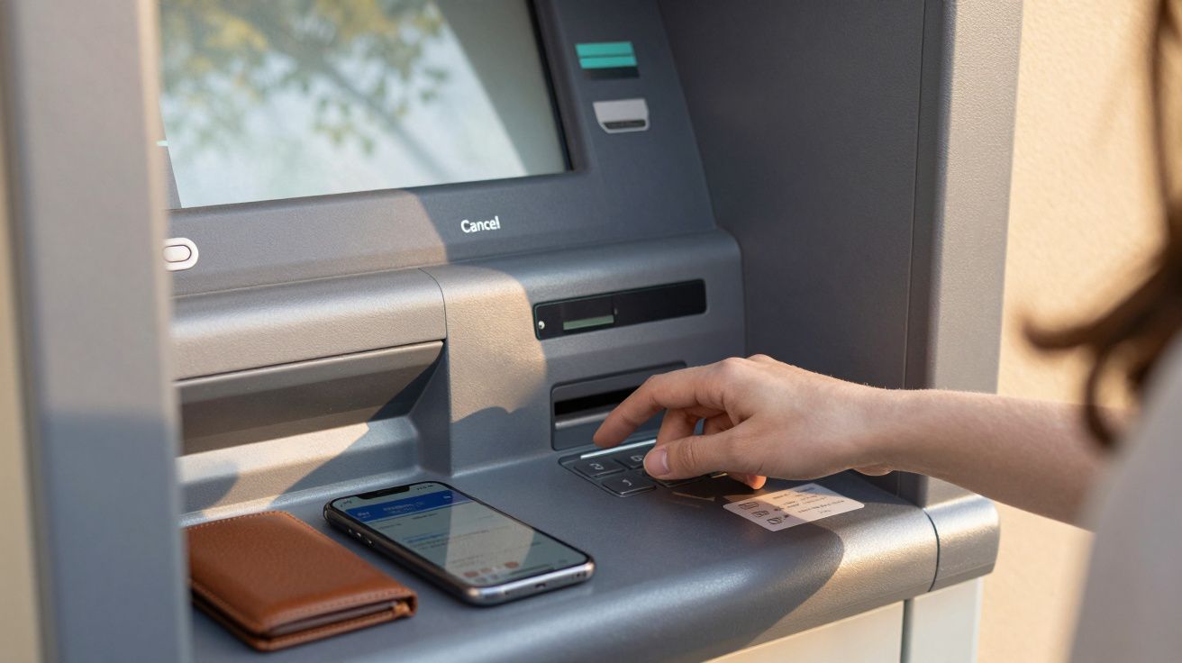 Person using an ATM, with a smartphone and wallet placed nearby on the machine's surface.