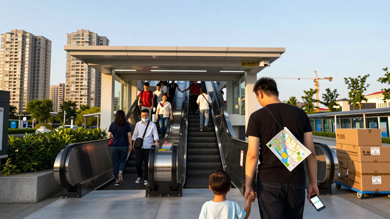 People using outdoor escalators on a sunny day, with buildings and construction cranes in the background.