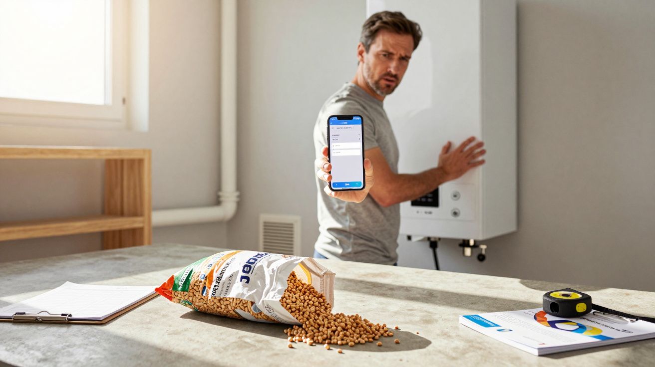Man showing smartphone in front of a wall-mounted device, with spilled grains and a notepad on the table.