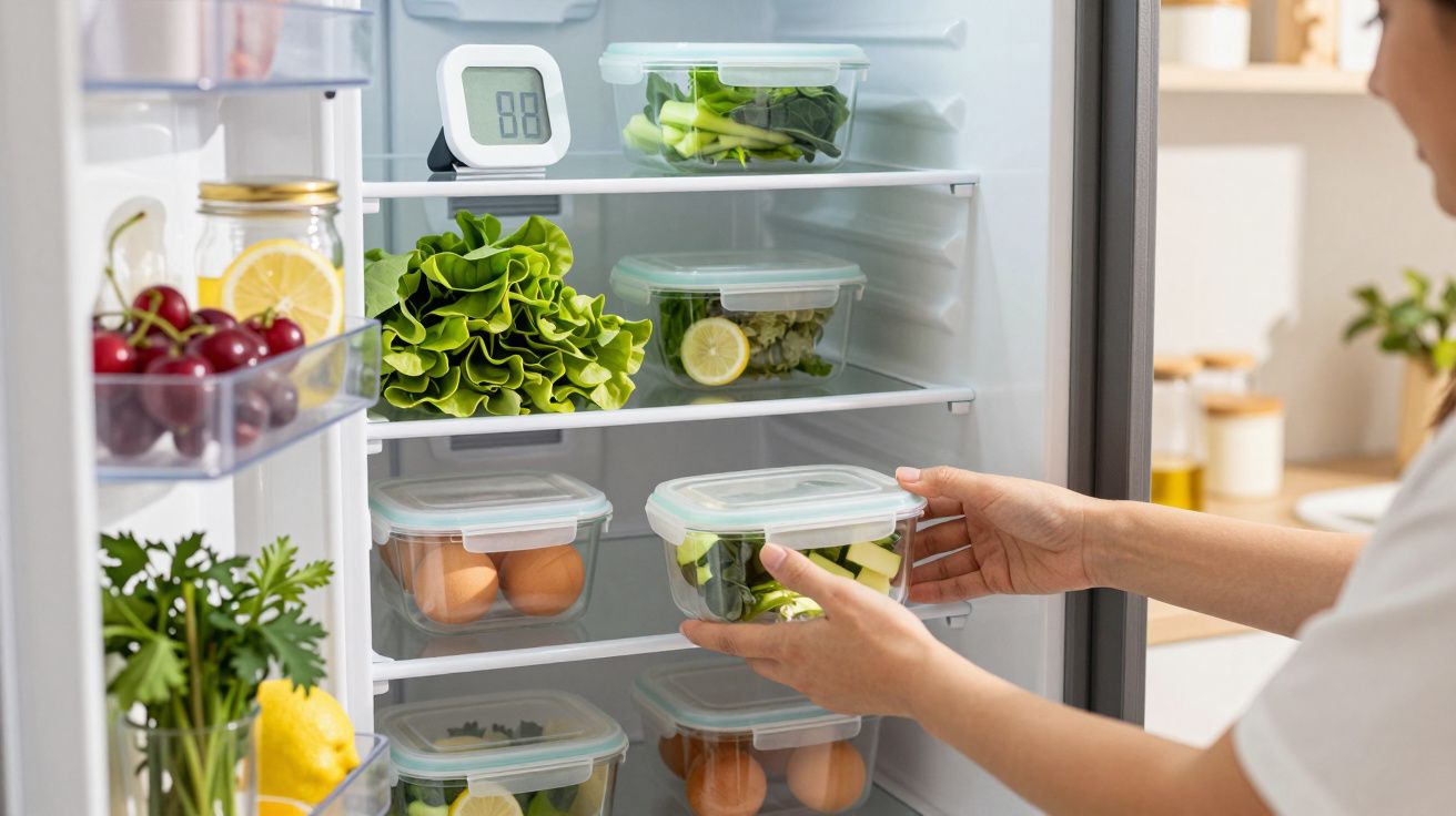 Person organizing a fridge with containers of vegetables and eggs, a jar of cherries, and a small digital thermometer.