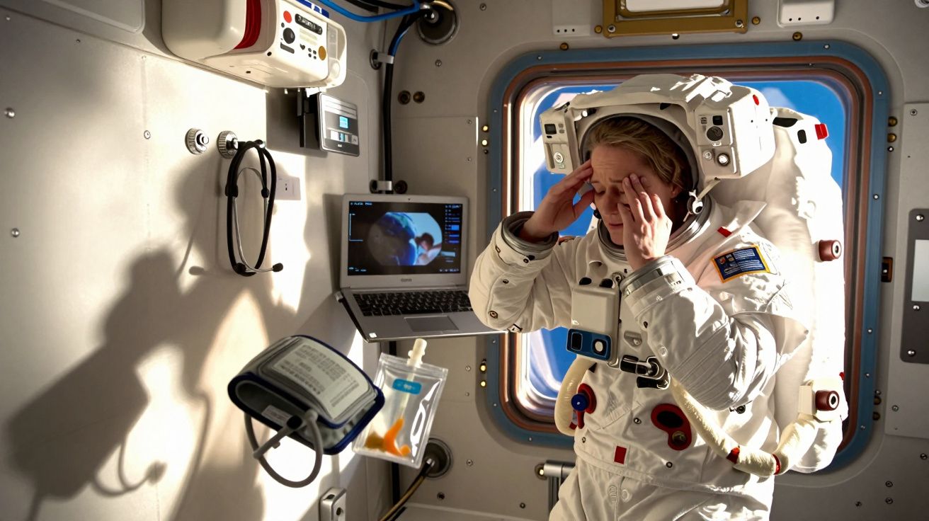Astronaut in a space station, wearing a spacesuit, touches head while laptop and equipment are visible in the background.