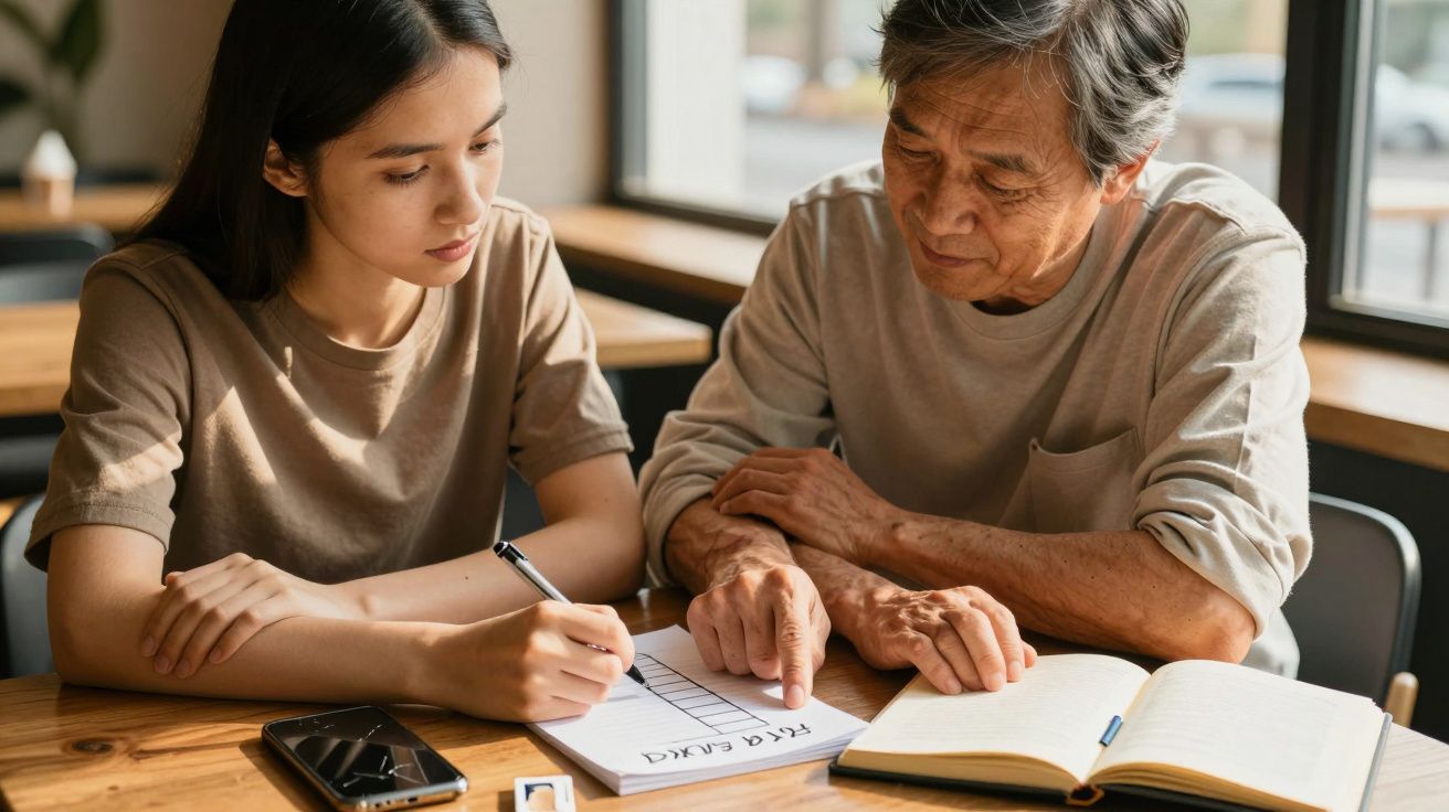 Older man and young woman sit at a table, focused on a document and open notebook, in a sunlit room.