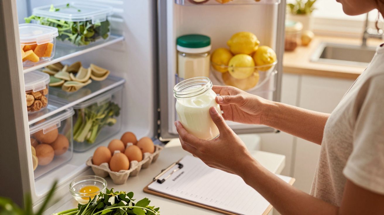 Person holding a jar of yogurt in front of an open fridge filled with vegetables, eggs, and lemons, next to a clipboard.