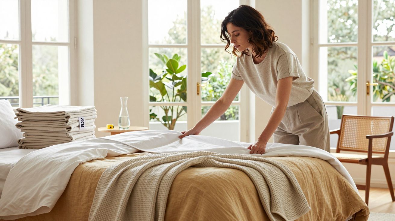 Woman making a bed with white sheets in a bright room with large windows and plants.