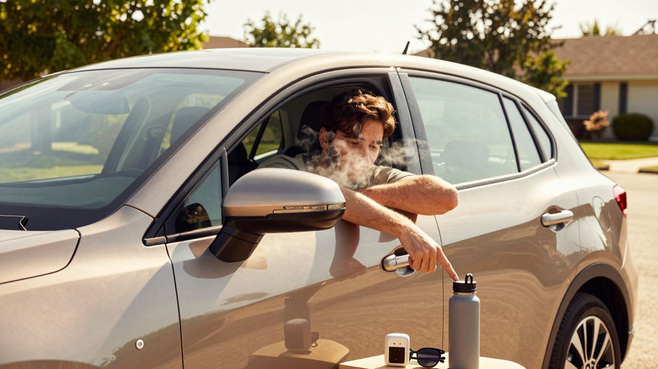 Person seated in a parked car, vaping with window down, exhaling smoke.