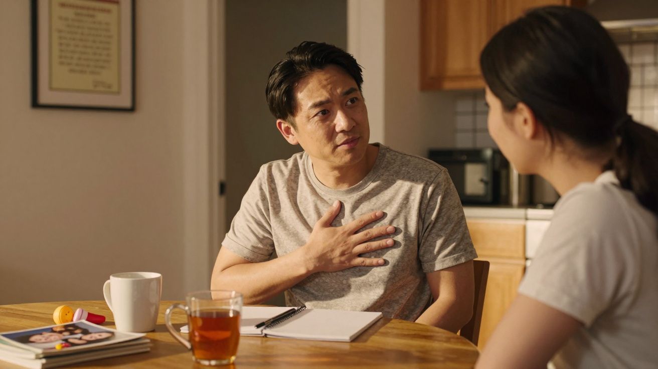 Man and woman talking at a kitchen table with notebooks and mugs, man gestures with hand on chest.