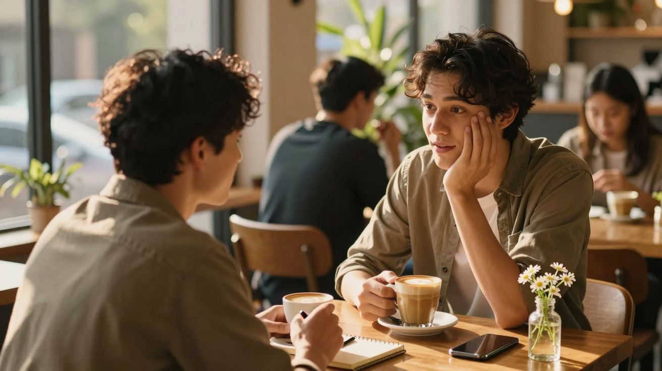 Two people having a conversation over coffee at a cafe, with a notebook and phone on the table.