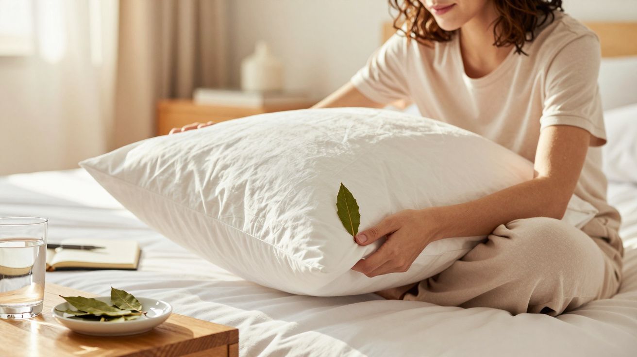 Person sitting on a bed holding a white pillow with a green leaf, next to a wooden nightstand with a glass of water and leave