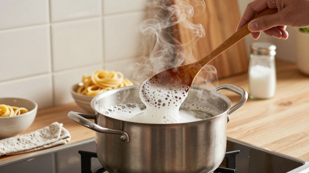 Boiling pasta in a stainless steel pot on a stovetop, steam rising, with a hand stirring using a wooden spoon.