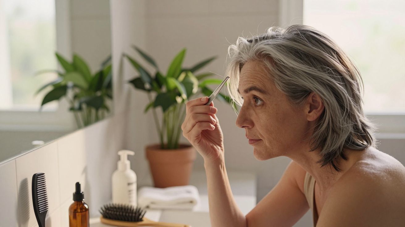Woman with gray hair tweezing eyebrows in front of a bathroom mirror with plants in the background.