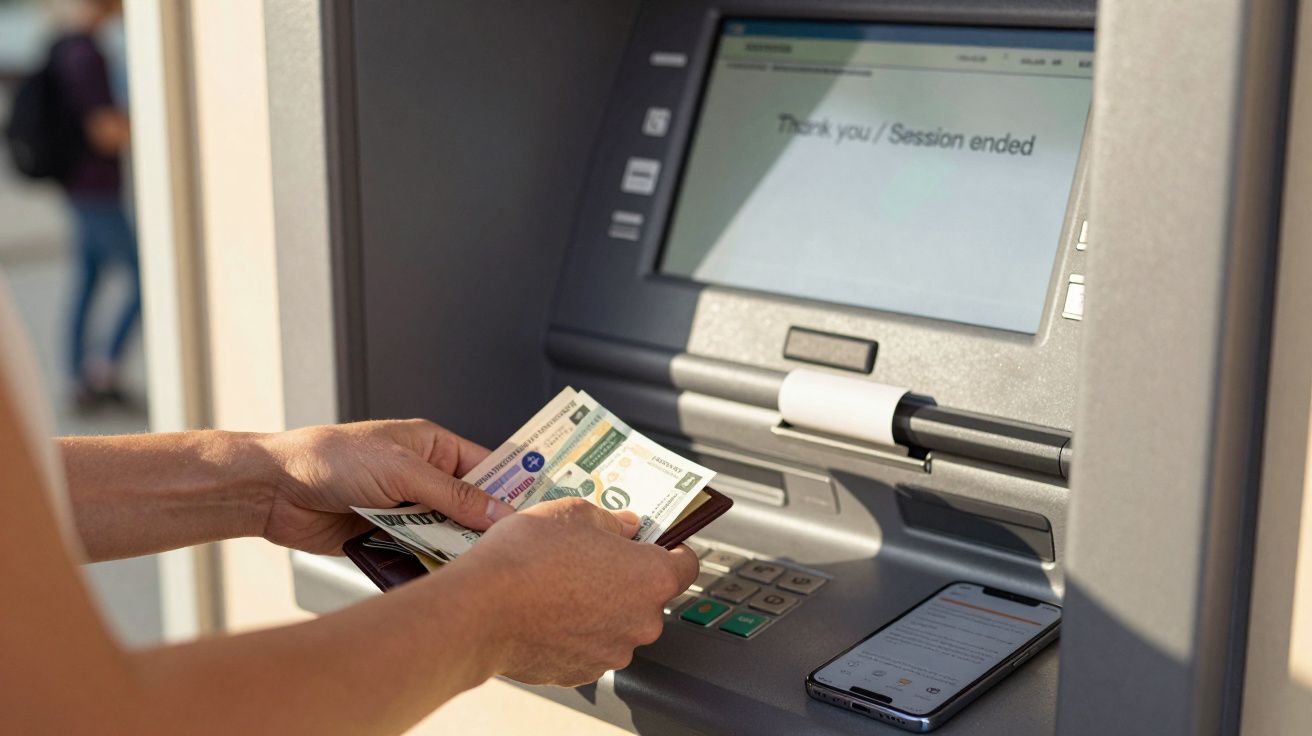 Person holding money beside an ATM with "Session ended" on the screen and a smartphone on the keypad.