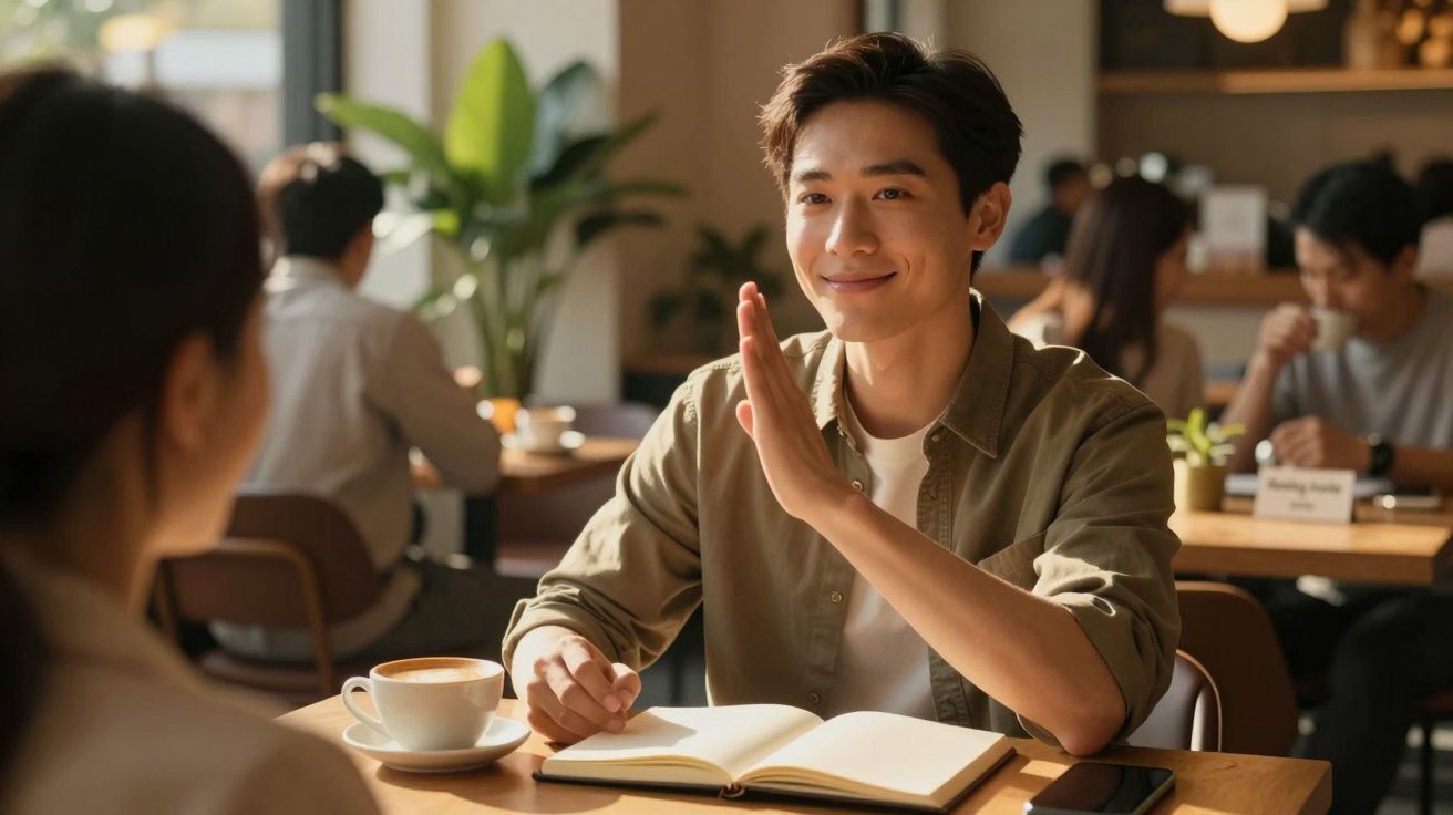 Man smiling and waving across a table in a café, with a coffee cup and open book in front of him.