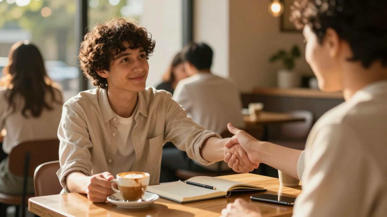 Two people shake hands across a cafe table, one with a notebook and coffee.