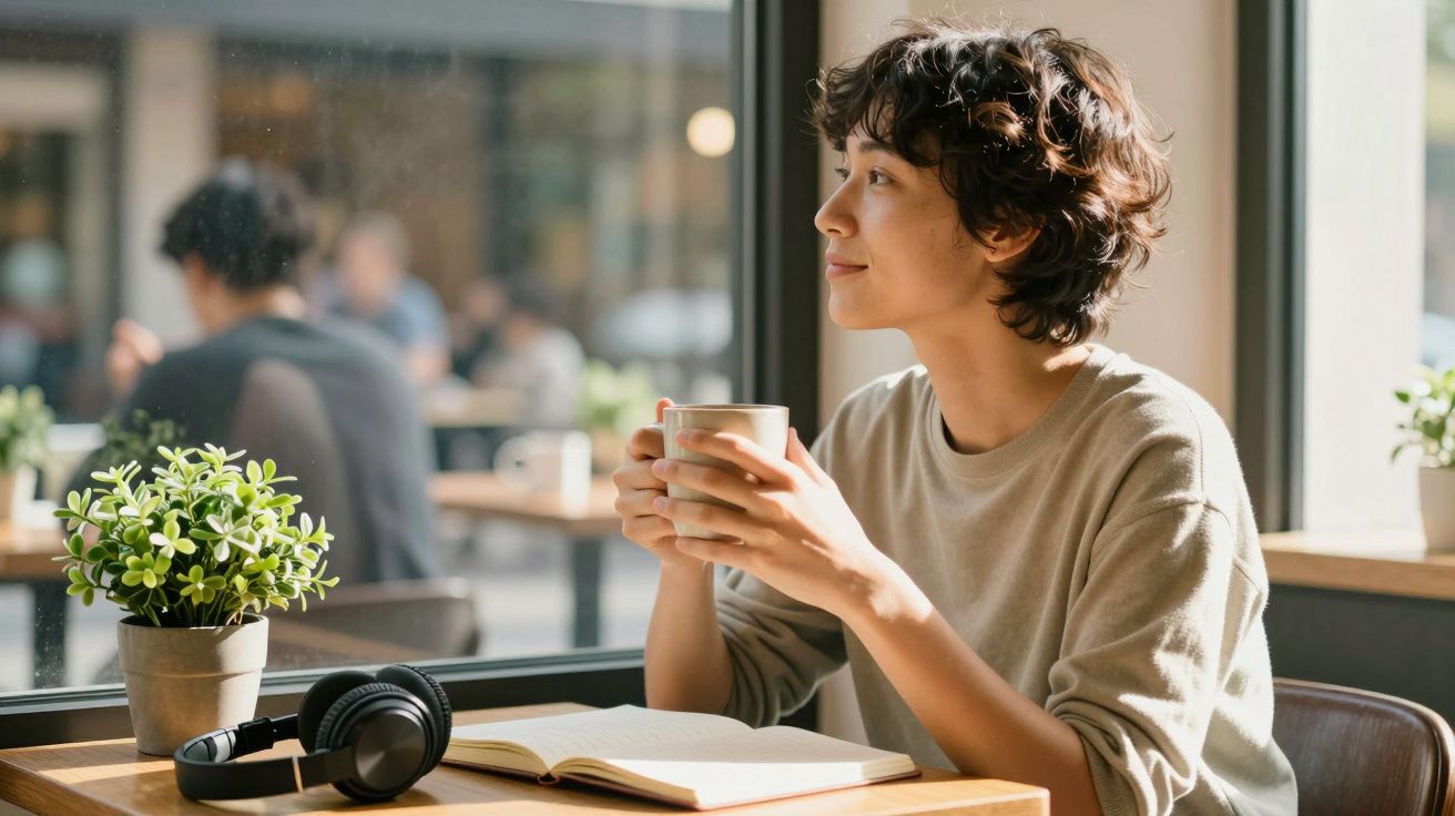 Person enjoying coffee by a window in a cozy café, with headphones, a notebook, and plants on the table.
