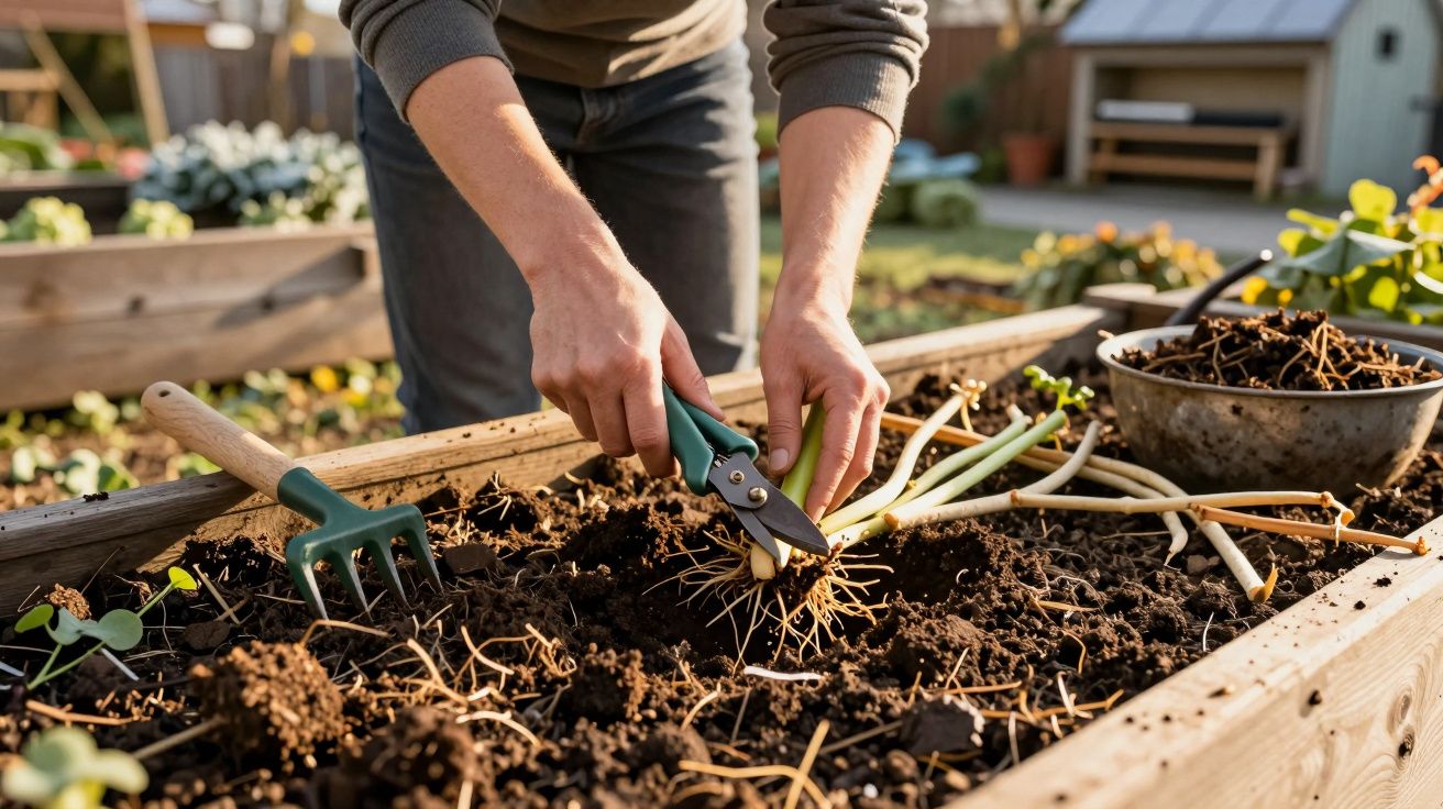 Person using pruning shears in a raised garden bed, surrounded by soil and gardening tools.
